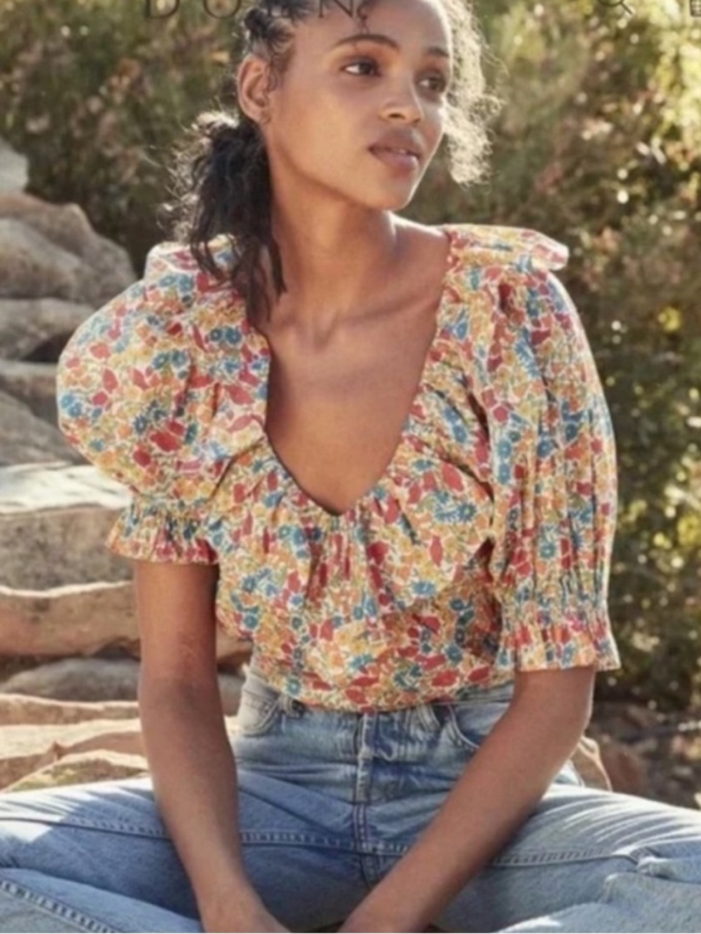 Doen Constance top in Poppy Puff-Sleeve Top in Yellow and Blue